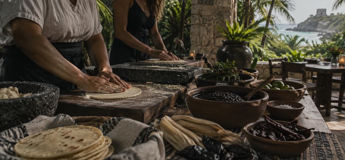 Hands pressing tortillas at a terrace cooking class